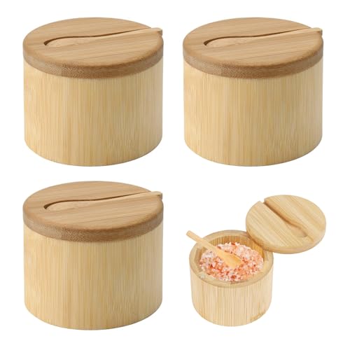 UCFBWO ﻿ 3 Pièces Salière en Bambou | Pot à Sel avec Couvercle Magnétique Pivotant | Boîte Bambou Récipient à Épices Rond avec Cuillère pour...