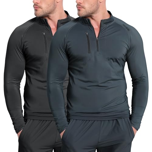 BROKIG Mens Dualzip Gym 1/4 Zip Top,Muscle Tight fit Lightweight Outdoor Athletic Long Sleeve Pullover with Pockets