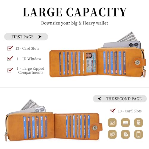 Wallet Women Genuine Leather RFID Blocking Wallets Bifold Credit Card Holder Organizer Zipper Slim Wallet For Women(yellow)4