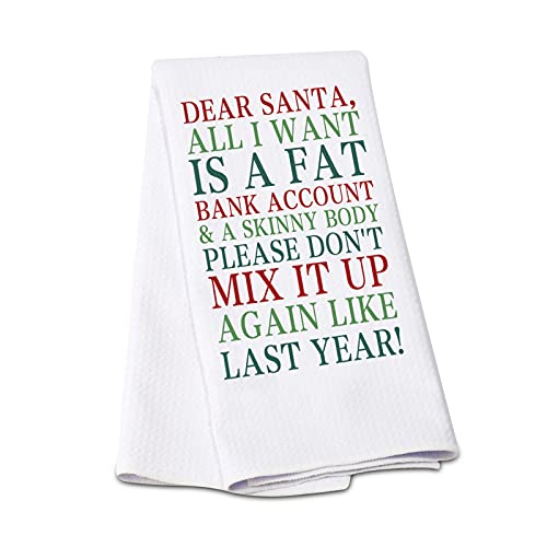 Funny Christmas Santa Kitchen Towel, Dear Santa All I Want is A Fat Bank Account & Skinny Body Dish Towel , Christmas Decor White Hand Towel, Housewarming Gift (Dear Santa KT)