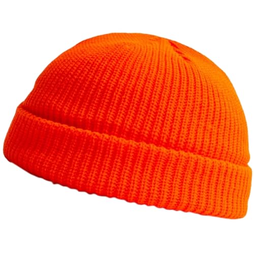 Gorro de punto para mujer gorro naranja con reloj de punto con borde enrollable de pescador corto y cálido para invierno.