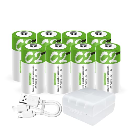 8pcs C Battery, USB Type-C C Rechargeable Lithium ion Batteries, High Capacity 1.5V 3300mAh 5000mWh, 2.5 Hours Fast Charge, Long Lasting Cycle Times up to 1200x with Charging Cable