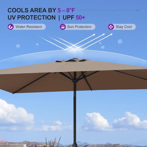 PURPLE LEAF 6.5' x 10' Rectangular Patio Umbrella Outdoor Table Umbrella Aluminum Frame Market Umbrella Sun Umbrella for Garden Deck Lawn Pool Taupe — view 3