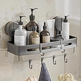 SupRovare Saugnapf-Duschablage ohne Bohren - Duschregal mit 4 Haken, 32 cm Länge, 10 kg Tragfähigkeit - Rostfreie Shampoo-Halterung für Dusche, Badezimmerregal platzsparend