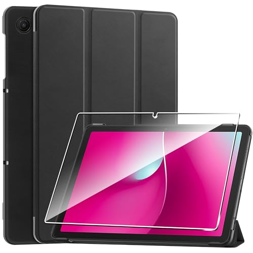Case for T-Mobile REVVL Tab 2 5G Protective Case with [1 Pack] Tempered Glass Screen Protector [PU Leather] [Protective Ultra Thin][Stand Function] [Anti Scratch]-Black