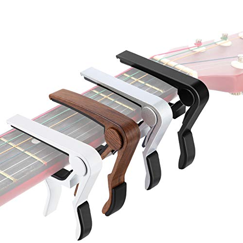 4 Pieces Guitar Capo Aluminum Metal Universal, Acoustic and Classical Electric Guitars, Bass, Banjo, Violin, Mandolin, Ukulele All Types Lightweight String Instrument (Black, Silver, White, Rosewood)