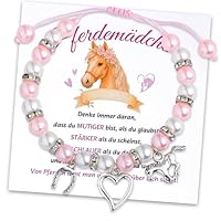 Pferde Geschenk für Mädchen - Verstellbares Glücksarmband mit Hufeisen, Herz und Rosa Perlen | mit Namensschreibbarer Glückwunschkarte & Geschenkbox | Ideal für Kommunion, Geburtstag und Schulanfang