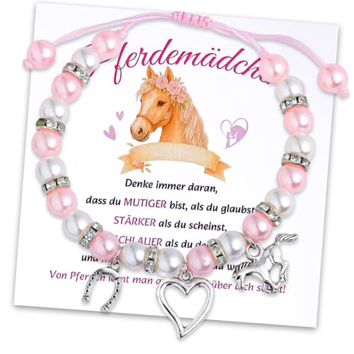 Pferde Geschenk für Mädchen - Verstellbares Glücksarmband mit Hufeisen, Herz und Rosa Perlen | mit Namensschreibbarer Glückwunschkarte & Geschenkbox | Ideal für Kommunion, Geburtstag und Schulanfang