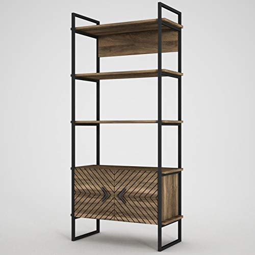 moebel17 4203 Scala Bücherregal Raumteiler Aufbewahrungsregal Standregal modern, 5 Ablagefächer mit Türen, Walnuss,Holz und Metall, 82 x 180 x 35 cm