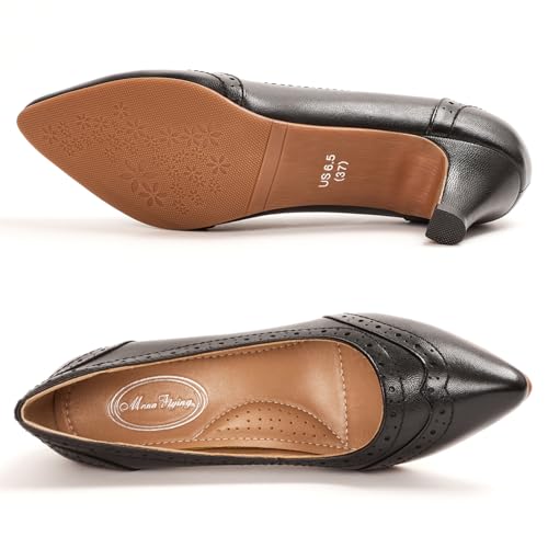 Mona flying Women's Leather Pointed Toe Vintage Brogue Pumps Slip On Mid Heels Dress Shoes for Ladies4