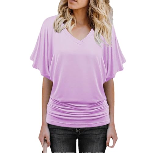 Women's Summer Bating Short Sleeved V-Neck Solid Color T-Shirt Classic Soft and Comfortable Daily Top Purple XL