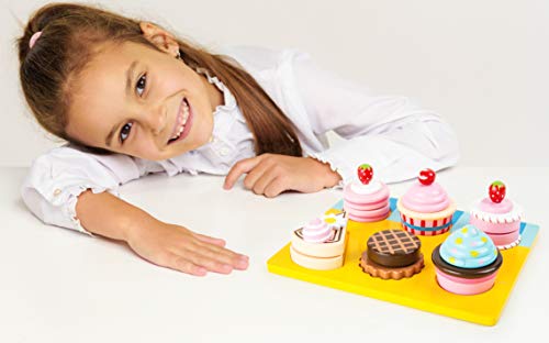 Image of Wooden Cupcake and Cake Playset by Small Foot - 13 Piece Set - Cuttable Play Food with Interchangeable Velcro Toppings - Includes Serving Tray - Imaginative Learning Through Role Play - Ages 3+ Years