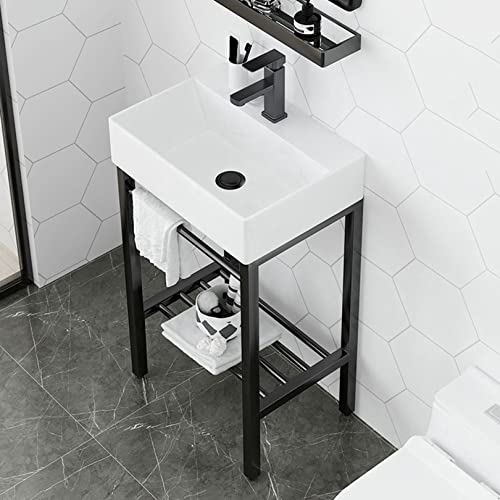 Fregadero de cerámica con patas de acero inoxidable y estante de almacenamiento para lavandería y baño