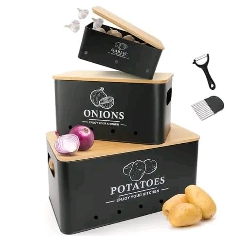 Image of 3 Pieces Potato Onion Storage Bin Sturdy for Kitchen Counter Farmhouse Decor white|Home & Garden | Kitchen Storage & Organization |3 Food Storage Containers (Black)