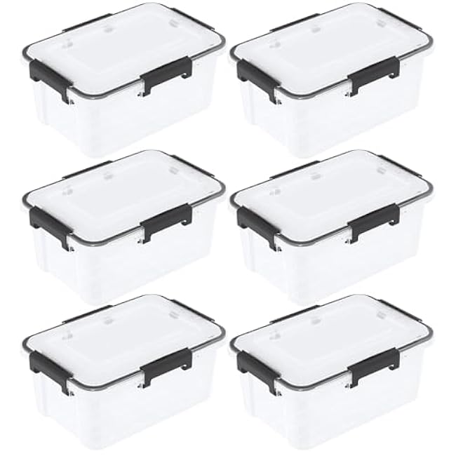 12 Quart Clear Plastic Storage Bin with Gasket Lid, 6 Pack Stackable Plastic Storage Container with Latch Lid