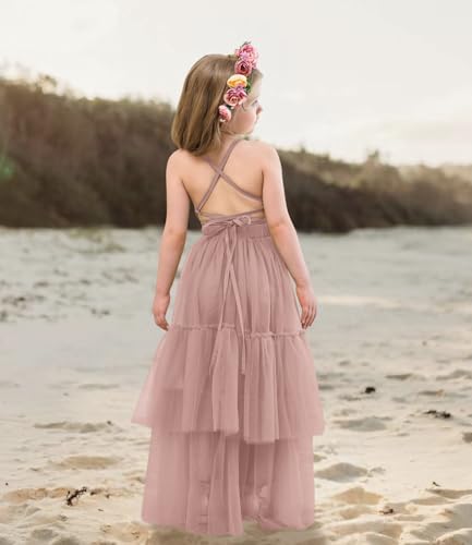 Boho Flower Girls Dress Tulle Backless Ruffle Girls Dress Beach Wedding Tiered Flowy Party Maxi Gown2