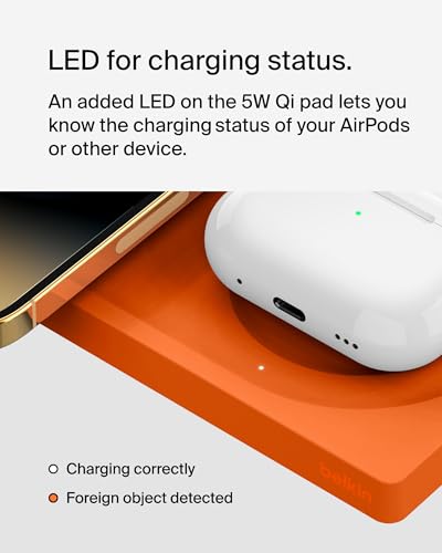 Image of Belkin 2-in-1 Wireless Charging Pad with MagSafe 15W, Fast Charging iPhone Charger - Wireless Charging Station for iPhone 17, 16, 15, and 14 Series, AirPods, and Other MagSafe Enabled Devices - Orange | Fast Wireless Charging Up to 15W for Iphone 12 and Later Models. Additional 5W Qi Pad for Airpods or Other Devices. Compact