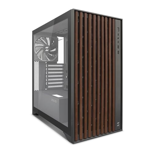 Zolyd Dynaria - Caja ATX con Panel Frontal de Madera, Cristal Templado, Ventilación Optimizada, 3 Ventiladores incluidos, Compatible con Refrigeración Líquida hasta 390mm, USB 3.0, Color Negro
