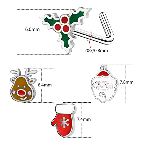 Charmonline 20G Christmas Nose Rings Pack Christmas Elements L-Shaped Nose Piercing Jewelry 316L Stainless Steel Snowmen Nose Ring Studs Nose Piercing Jewelry For Women And Men #TOP4