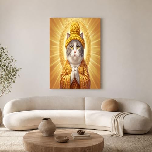 Chat Bouddha Décoration Murale Toile Style Chinois Zen or salon 60x90 cm