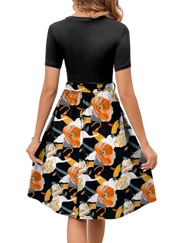 Image of Women's Elegant Vintage Round Neck Short Sleeve Summer Casual Work Party A-Line Dress with Belt 809