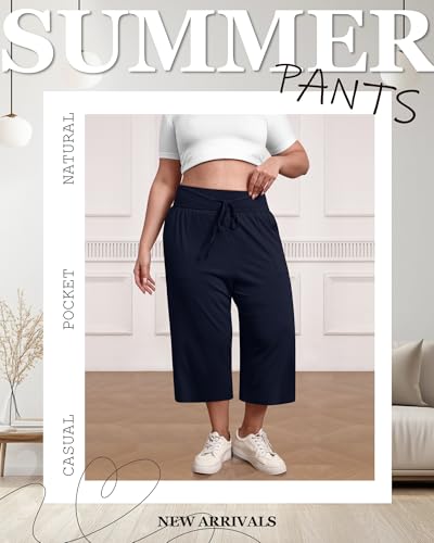 3 Pack Women's Plus Size Capri Pants, Cotton Drawstring Capris Sweatpants Casual Summer Cropped Pants with Pockets4
