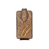 ARIAT Floral & Feather Embossed Leather Cell Phone Case – Fits iPhone 17/16/15 Pro Max, Galaxy S25/S24/S23 Ultra, Pixel 9 Pro XL | Magnetic Flap | 360° Belt Clip | Brown, Large