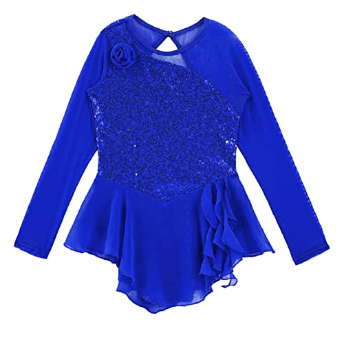 Linjinx Kids Girls Sparkly Sequins Figure Ice Skating Dress Floral Long Sleeve Cutout Back Gymnastic Leotard Tutu Dress Royal Blue 8 Years #TOP2