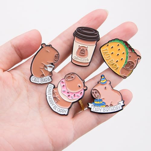 Image of 5Pcs Kawaii Capybara Enamel Pins Funny Capybara Letters Pin Animal Brooch Pins Set for Scarves Hats Bags Cute Capybara Badge for Clothing Decor