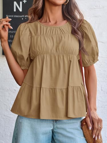 Image of Tankaneo Womens Puff Sleeve Peplum Babydoll Tops Summer Flowy Pleated Cotton T-Shirts Casual Loose Fit Cute Blouse