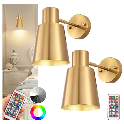 Image of DORESshop Battery Operated Wall Sconces Set of Two, Dimmable & Adjustable Gold Wall Lights, Rechargeable Wireless Wall Sconce with Remote, Not Hardwired LED Wall Lamps for Bedroom Living Room E26