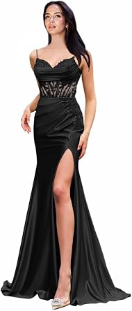 Lace Appliques Satin Prom Dresses for Women 2025 Mermaid Long Ruched Corset Formal Evening Party Gowns with Slit