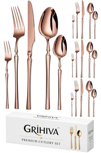 Image of 20 Pcs Rosegold Cutlery Set for Dining Table the Perfect Lightweight Silim Handle Tableware Including Dinner Spoon, Dinner Fork, Dinner Knife, Dessert Spoon & Dessert Fork