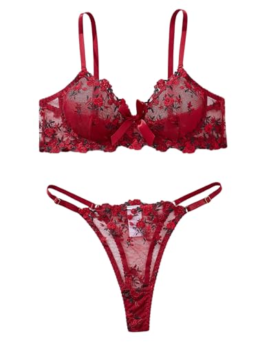 Image of Sexy Floral Embroidered Flower Mesh Underwire Push Up Lingerie Set