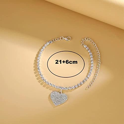 Mifynn Heart Ankle Bracelets For Women Girls Rhinestone Tennis Chain Love Heart Ankle Silver Foot Chain Crystal Anklet Beach Jewelry Adjustable 21+6Cm (Silver) #TOP3