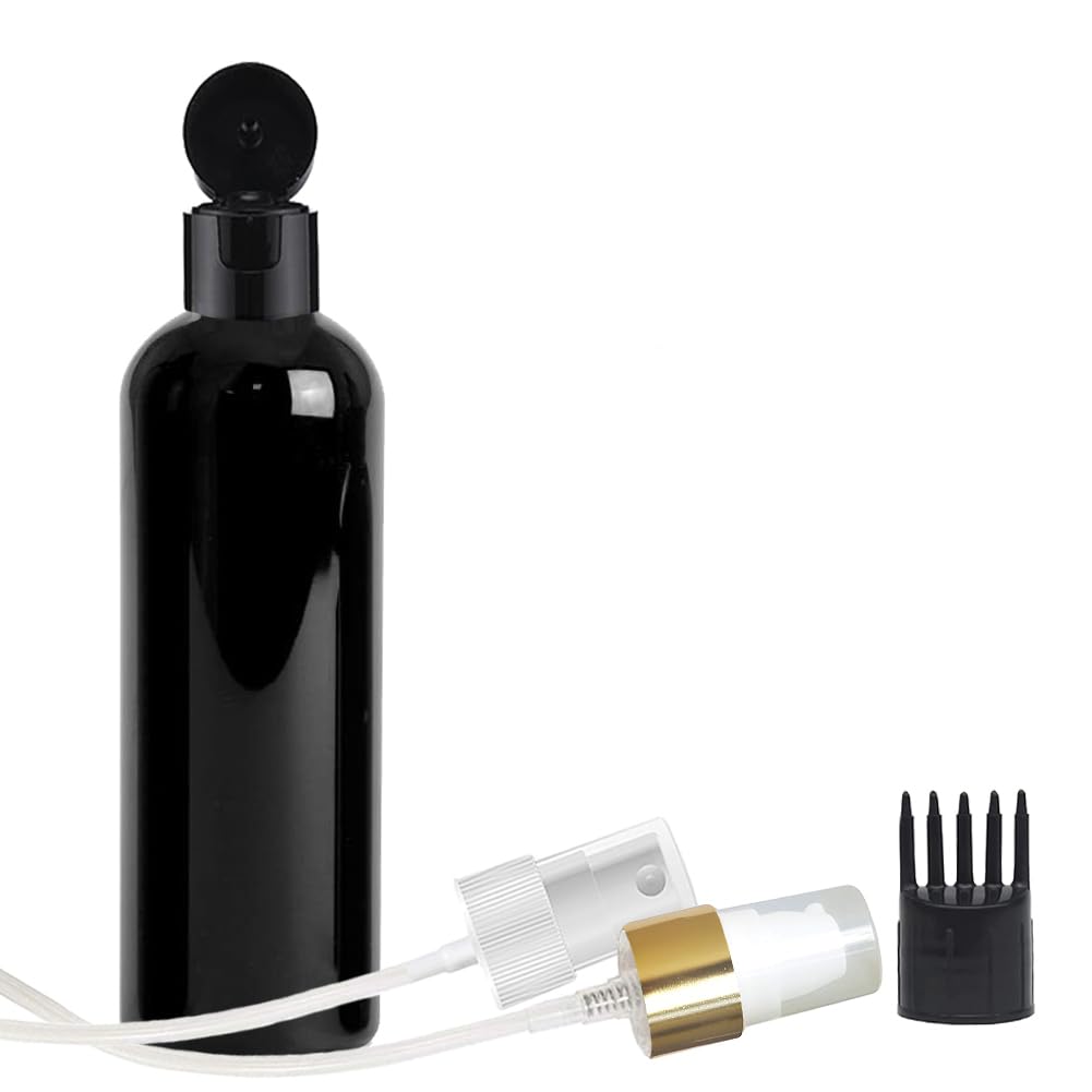 MAPPERZ 1 Cylindrical Shape Bottle Durable Refillable Containers with 1 Pump Bottles Dispenser, 1 Spray Atomizer, 1 FILP Top Cap and Root Comb Applicator Perfume Liquids Shampoo Lotion Cream,Black-picture-19