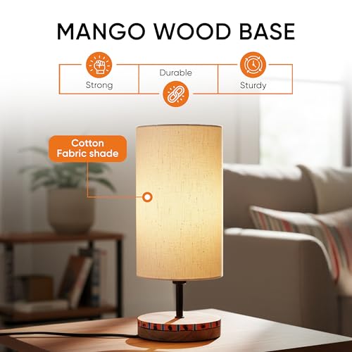 Image of AAKRITI ART CREATIONS Mango Wood Table Lamp for Study Room, Bedroom & Living Room Decoration | Modern Minimal Contemporary Bedside Lamp with Cotton Fabric Shade | Aesthetic Night Lamp