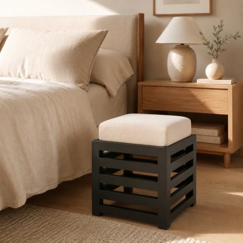 Image of Multipurpose Wooden Puffy with Footrest, Dressing Table, and Solid Wood Stool with Cushion for Living Room, Bedroom, Balcony, etc. (Black)