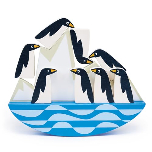 Mentari Wooden Balancing Toy with 8 Penguins on Rocking Iceberg, 7.68-inch Length, Imaginative Play