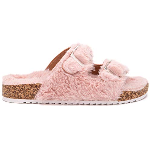 Olivia Miller Kid's Shoes, Cloud Lounge Faux Fur Double Buckle Footbed Dual Strap Girls Flat Slide Sandals #TOP1