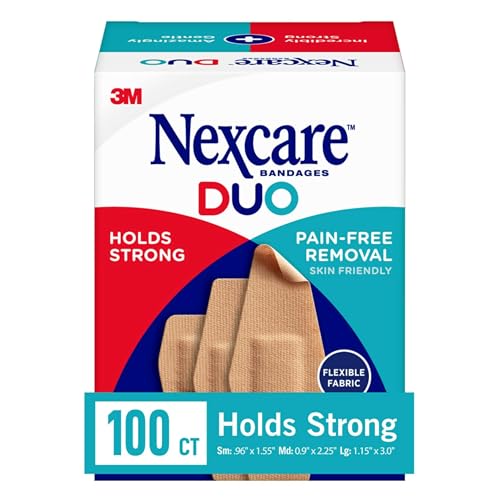 Nexcare Duo Bandages, Painless Removal, Strong Adhesive Bandages Stay on for 24 Hours, Flexible Fabric Construction - 100 Pack Assorted Sizes