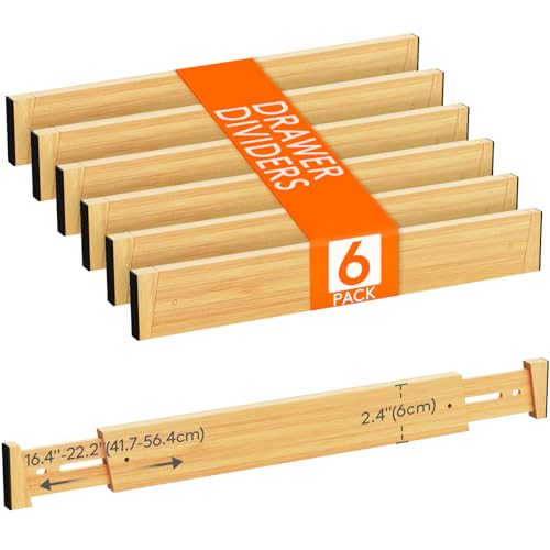 Lifewit Juego de 6 separadores de cajones ajustables de bambú, 6 cm de alto y 42 – 56 cm de largo, divisor de cajones, organizador de cajones para cocina, armarios, escritorio/tocador