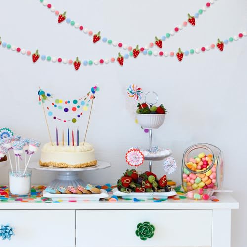 Image of JarThenaAMCS Strawberry Felt Banner 3D Strawberry Pom Ball Garland Colorful No DIY Required Bunting Garland for Birthday Baby Shower Party Supplies Hanging Decoration
