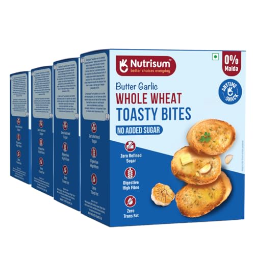 Image of Nutrisum Whole Wheat butter Garlic Rusk /Toast | Toasty Bites | No Maida , Sugar-Free| Made with Real Butter & Olive Oil | Anytime Healthy Rusks for Dips & Toppings Snacks | Digestive Garlic Toast (150gms x Pack of 4)
