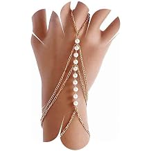 Vintage Layered Pearl Finger Ring Bracelet Gold Pearl Slave Bracelet Multi Tassel Chain Bracelet Wedding Pearl Bracelets Jewelry for Women, Normal, Without Snake