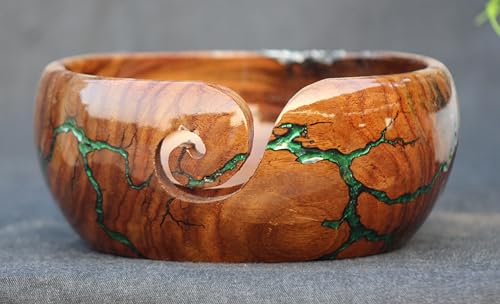 Image of Handmade Wooden Yarn Bowl for Knitting Yarn Ball Holder - Lichtenberg Figure Yarn Bowl - Yarn Bowls with Holes Crochet Bowl Holder - Resin Yarn Storage Bowl 7 inch x 4 inch inches (Green & White)