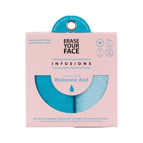 ERASE YOUR FACE Infusions Reusable Makeup Remover Cloths - Hydrating Makeup Wipes Infused with Hyaluronic Acid - Water Activated & Suitable for Sensitive Skin (2 Count)
