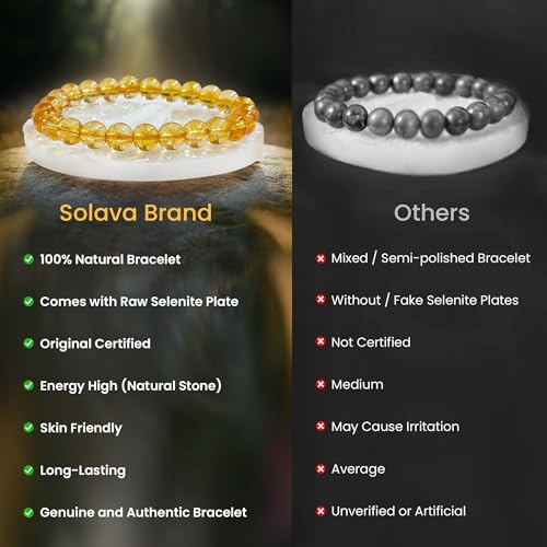 Image of SOLAVA Citrine Bracelet Original Certified with Selenite Plate | Yellow Citrine Crystal Stone Bracelet for Men & Women | Natural 8mm Beads for Money, Success & Energy Cleansing