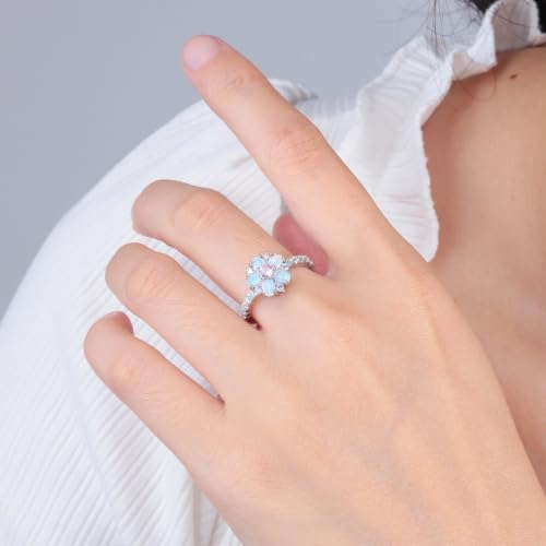 CiNily Opal Statement Rings Silver Plated Pink CZ Flower Ring for Women Flower Opal Design, Created Fire Opal Inlay, Dainty Lightweight Stackable, Anti-Tarnish Finish, Bridal/Birthday Gift, Size 11 - Image 2