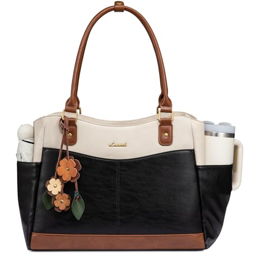 LOVEVOOK Laptop Bag for Women, 15.6inch Original Vintage Work Tote Bag Computer Office Teacher Bag with Large Cup Holder, Black-Beige-Brown